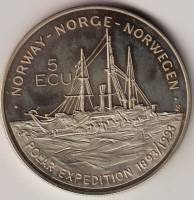 (1993) Монета Норвегия 1993 год 5 экю "Полярная экспедиция Фритьофа Нансена. 100 лет" Мельхиор (Melc